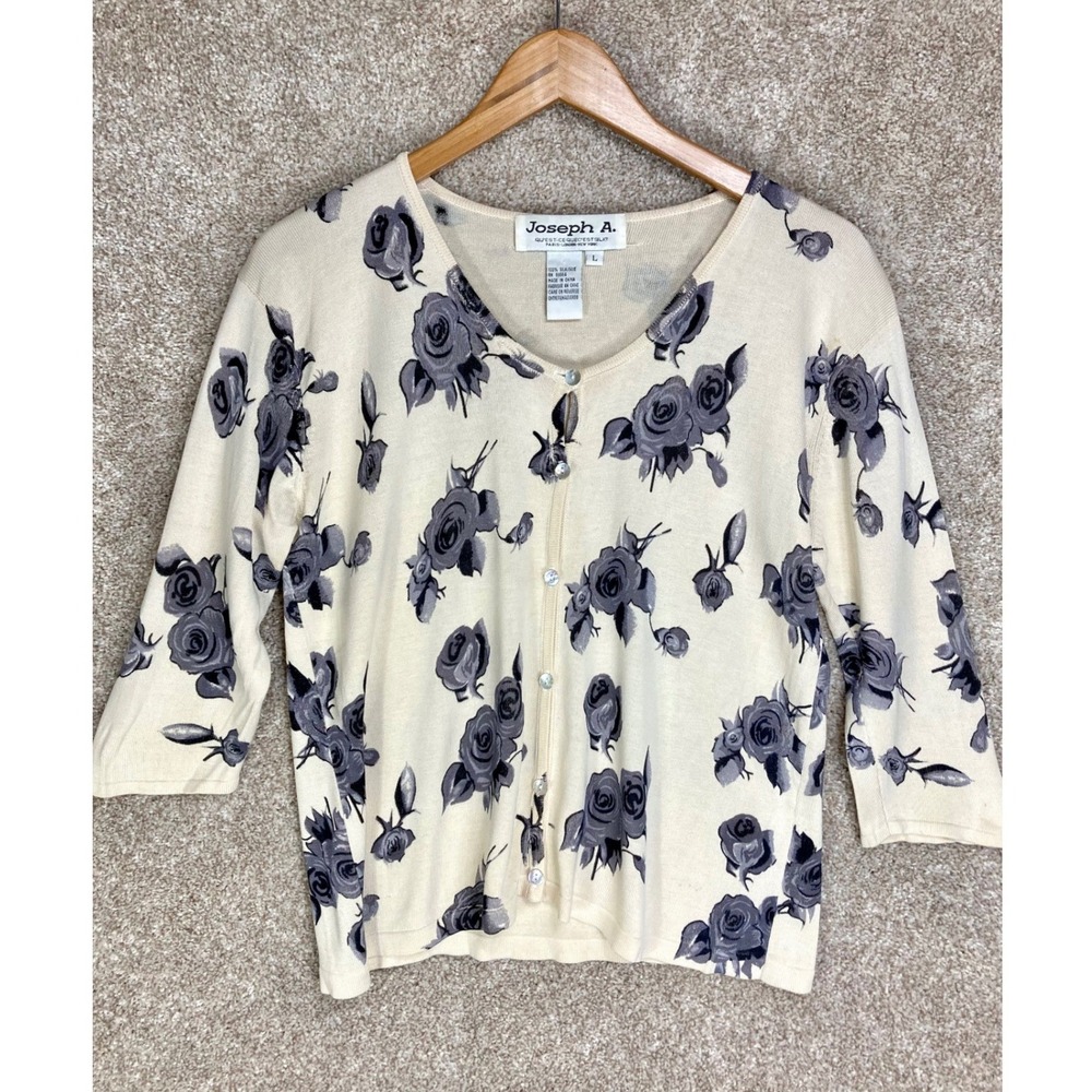 Joseph A. Floral Rose Silk Knit Cardigan Womens L Cream Grey Office Chic Sweater
